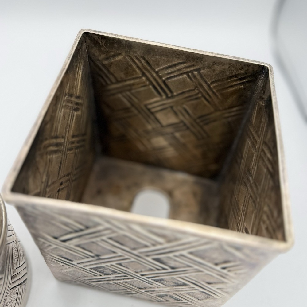 Silver Tone Bathroom Accessory Set Tissue Cover Canister Jar Basketweave Decor - Picture 3 of 3